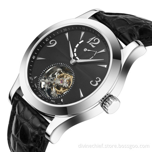 Classical Black Tourbillon Movement Watch For Men, Custom High End Leather Band Wrist Watch